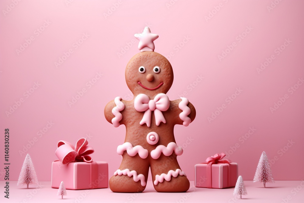 Naklejka premium Gingerbread Man Wallpaper, Festive Gingerbread Man with Holiday Gift, Christmas Gingerbread Cookie Background, Gingerbread Man Holiday Scene Wallpaper, Christmas Gingerbread Man Wallpaper