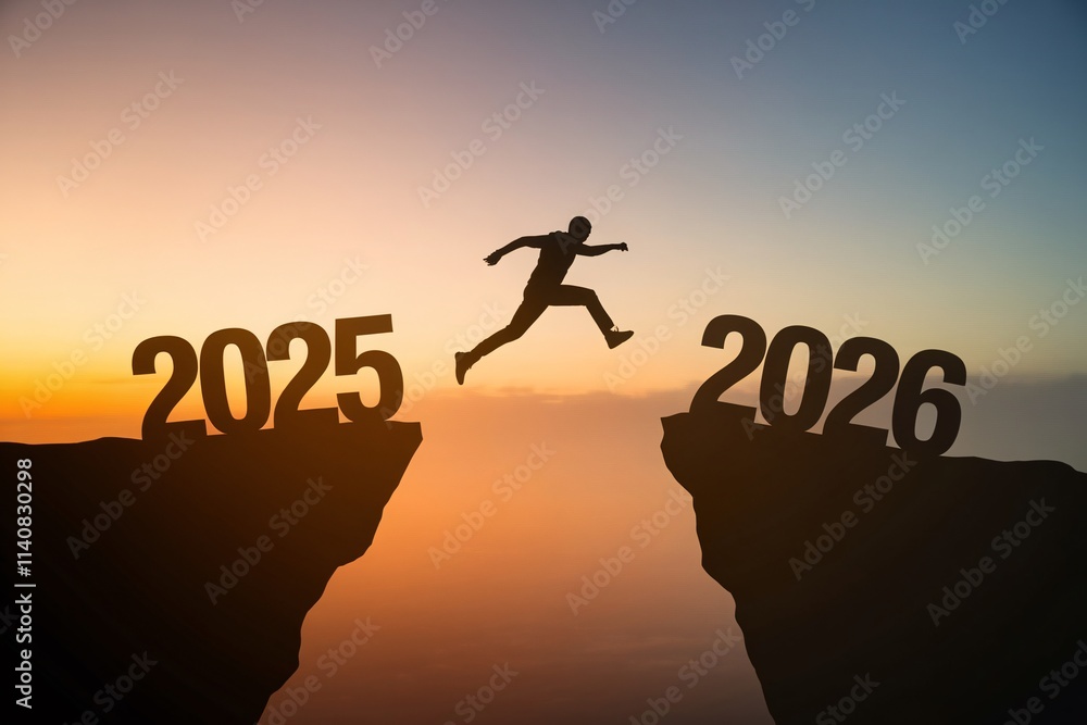 Happy new year 2026,Silhouette Man jumping from 2025 cliff to 2026 cliff on colorful sky background Happy new year 2026,Silhouette Man jumping from 2025 cliff to 2026 cliff on colorful sky background