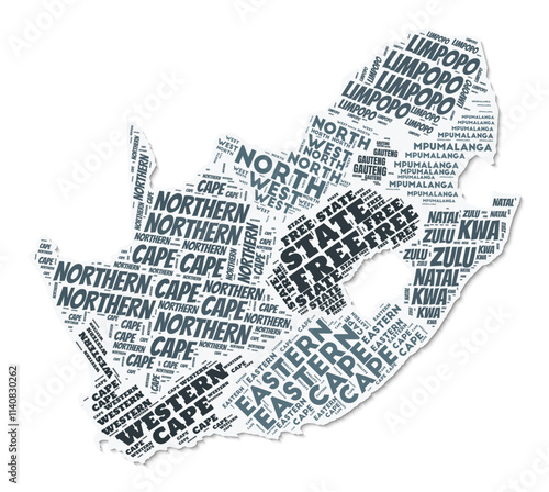 South Africa shape text cloud. Country border with shadow on white background. South Africa with regions division in vintage gazette style. Amazing vector illustration.