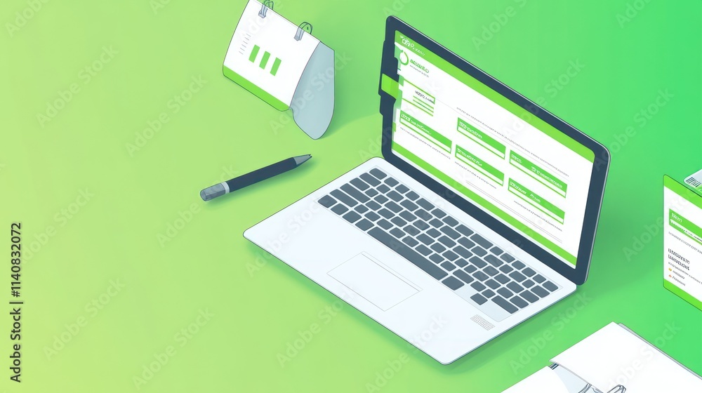 A modern workspace featuring a laptop, calendar, pen, and boxes, emphasizing productivity tools. A modern workspace featuring a laptop, calendar, pen, and boxes, emphasizing productivity tools.