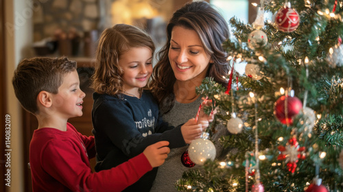 Mother with kids decorating Christmas tree 