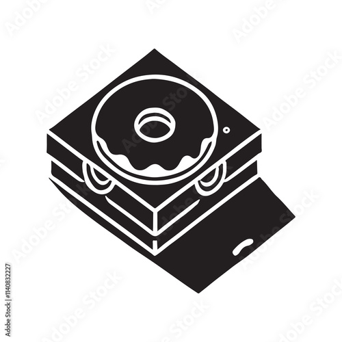 Donut in a Box Silhouette Vector Illustration, Solid White Background.