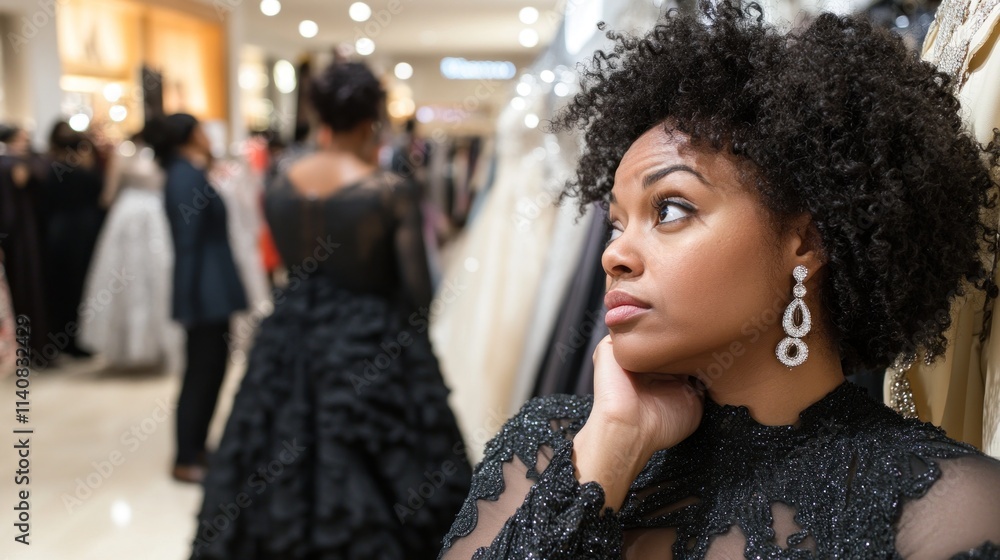A contemplative woman in a black dress at a fashion boutique surrounded by elegant dresses. A contemplative woman in a black dress at a fashion boutique surrounded by elegant dresses.