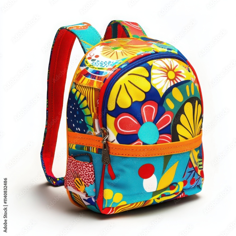 A colorful children's backpack with playful patterns and a small side pocket on a white background A colorful children's backpack with playful patterns and a small side pocket on a white background