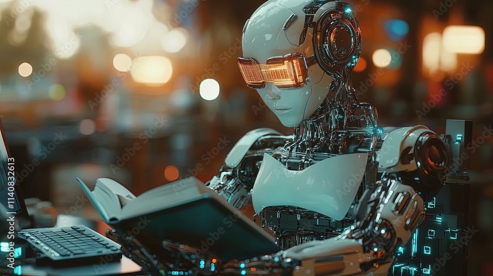 Futuristic Cyberpunk Poster: Adorable Robot Reading on a Glowing Circuit Board - Perfect for High-Tech Interiors and Sci-Fi Enthusiasts