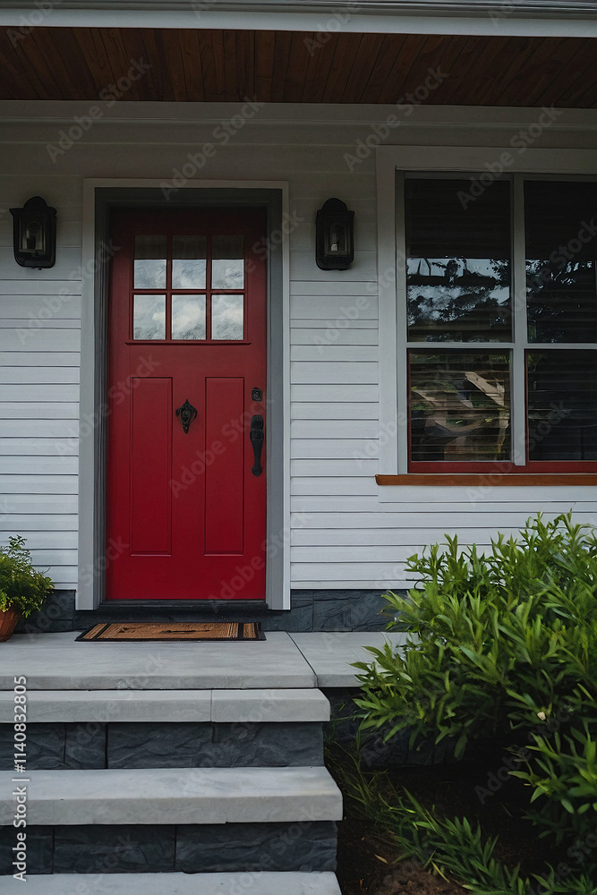 Fototapeta premium Residential Entrance with Red Door and Stone Steps