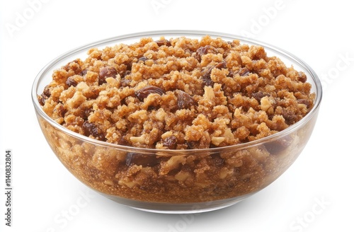 A bowl of sweet, crumbly dessert made from ingredients like nuts and sugar.