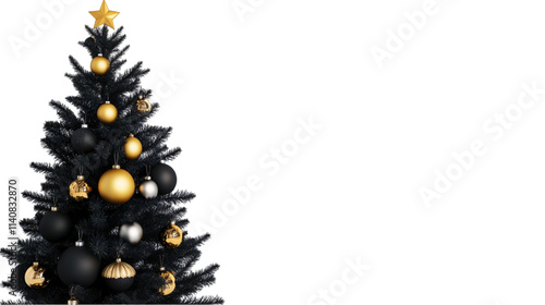 Black Christmas tree with golden ornaments and bright lights, symbolizing holiday decoration, a white transparent PNG background photo