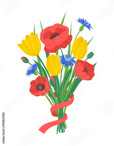 Spring flowers bouquet. Vector illustration of bouquet of poppies, tulips. Flower bouquet with ribbon. Gift for special day, birthday, valentines day, womens day