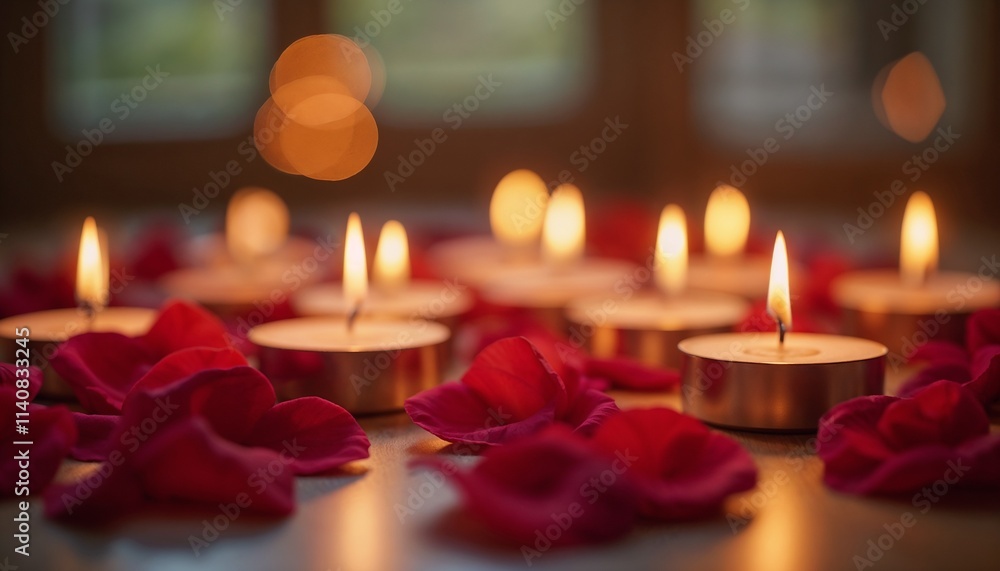 Fototapeta premium Romantic scene with lit candles surrounded by rose petals creating a warm ambiance for Valentine’s Day with copy space