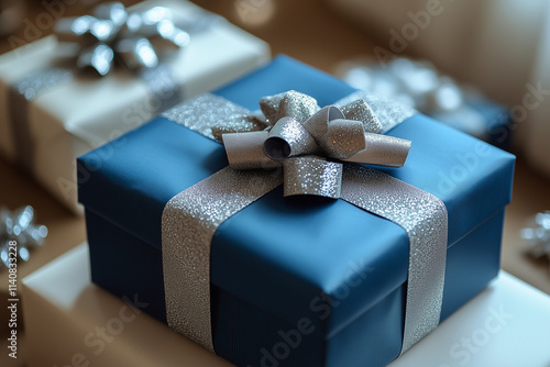 A festive composition of three gifts in blue and white wrapping, tied with silver ribbons. photo