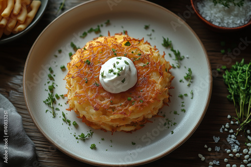 A flat-style design of latkes arranged neatly on a white plate with a small dollop of sour cream. photo