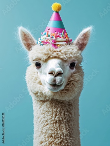 happy birthday carnival new year s eve sylvester or other festive celebration funny animals card alpaca with party hat and cupcake with candle isolated on blue background photo