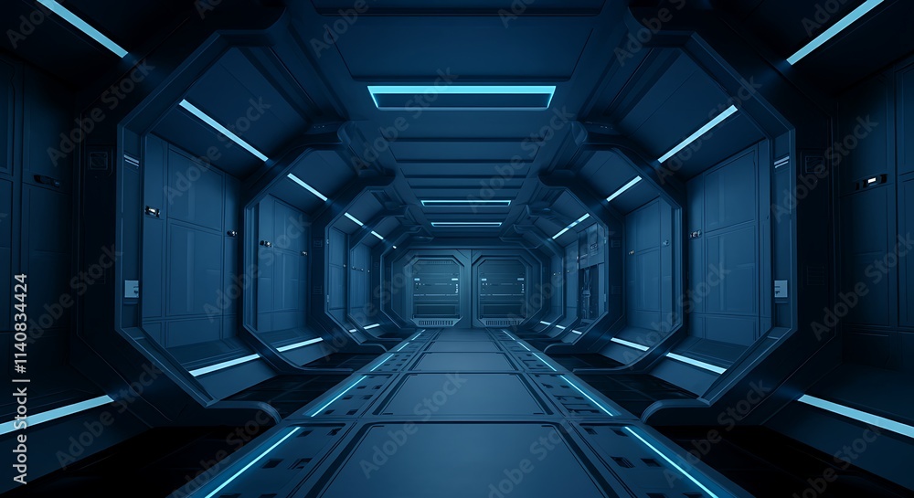 A sci-fi 3D wallpaper featuring a spaceship corridor with glowing blue lights and metallic walls A sci-fi 3D wallpaper featuring a spaceship corridor with glowing blue lights and metallic walls