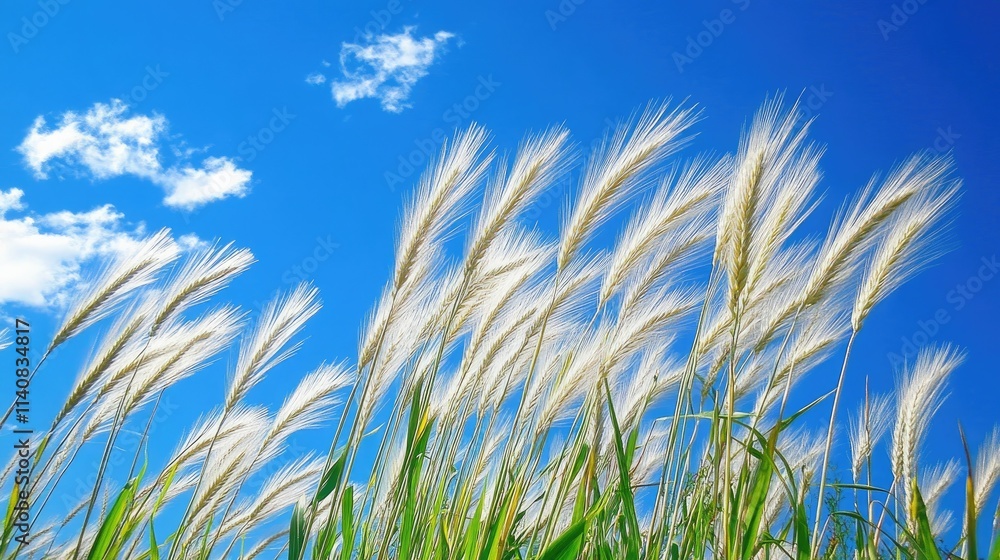 White grass swaying gently in a bright blue sky with fluffy clouds.