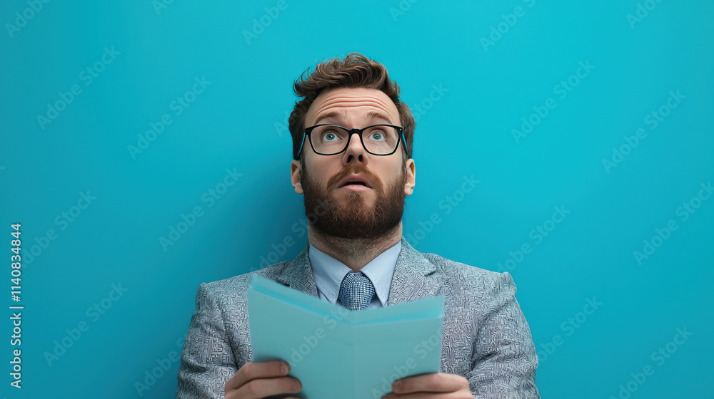 Professional man with glasses holds document while looking up against bright turquoise background in a modern office setting Professional man with glasses holds document while looking up against bright turquoise background in a modern office setting