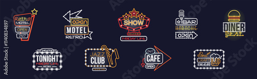 Colorful Glowing Signboard and Retro Neon Street Sign Vector Set
