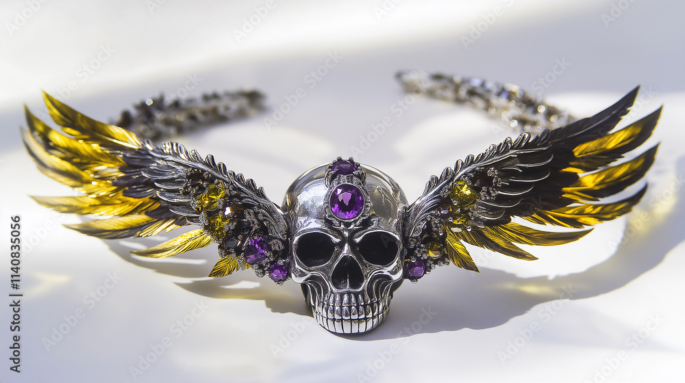 Fototapeta premium Sterling Silver Skull-Winged Bracelet with Purple Gemstone Accents on White Background