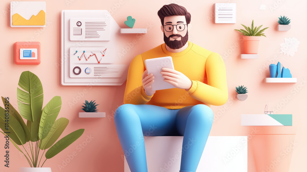 man in modern workspace uses tablet, surrounded by charts, plants, and minimalistic decor, evoking tech inspired and productive atmosphere man in modern workspace uses tablet, surrounded by charts, plants, and minimalistic decor, evoking tech inspired and productive atmosphere