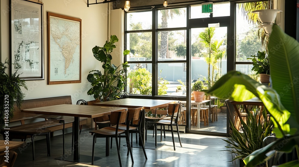 Fototapeta premium Modern dining room with stylish botanical decor, featuring a wooden table and chairs, lush plants, large windows, a map poster, and elegant accents.
