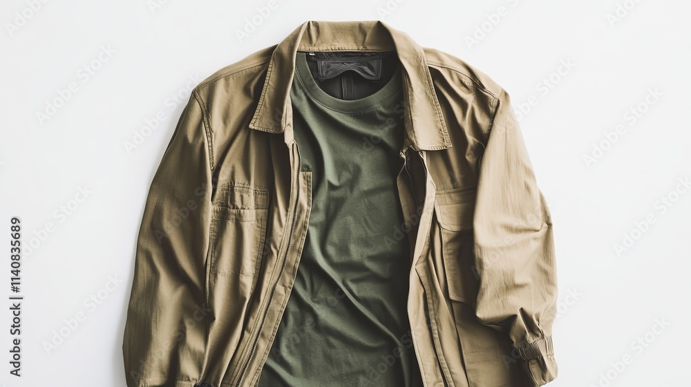 Green t-shirt and khaki jacket on a white background. Everyday casual clothing. Green t-shirt and khaki jacket on a white background. Everyday casual clothing.