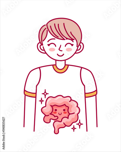 This adorable kawaii-style vector illustration features a baby boy with healthy intestines, highlighting the digestive system. Perfect for children s educational materials and health awareness.