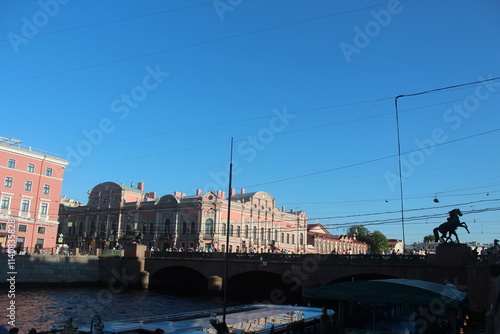 Singer Building, Hermitage Museum Building, Winter Palace, Alexander Column, Palace Square in St. Petersburg, Nevski Prospect, Neva River and tour boats, Peter Pavel Fortress. 
   St.Petersburg Russia photo