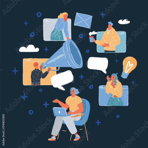 Cartoon vector illustration of People talking online. Remonte chat of woman at home on dark background.