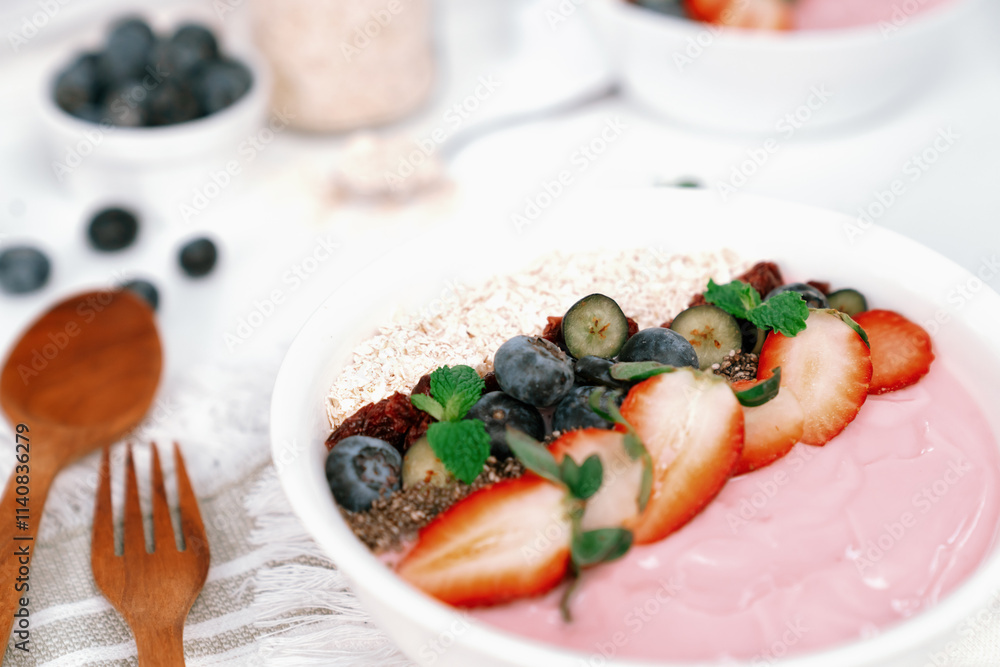 Presented by fruits putting yogurt toppings with strawberry, berry, oats, raisins and chia seed decorated by peppermint in white blow. Pink background. Set of healthy dairy product choice. Pecuniary. Presented by fruits putting yogurt toppings with strawberry, berry, oats, raisins and chia seed decorated by peppermint in white blow. Pink background. Set of healthy dairy product choice. Pecuniary.