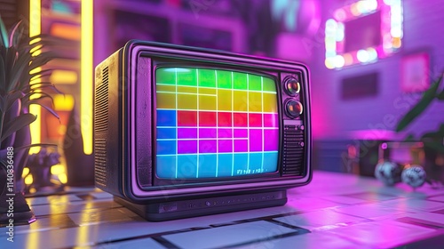 Retro Vibes: A Vintage Television Set Illuminates a Neon-Lit Room, Capturing the Essence of Nostalgia and 80s Aesthetics