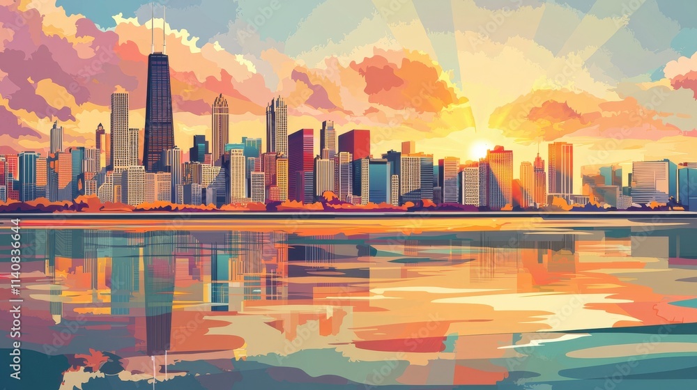 Fototapeta premium Sunset reflections over chicago skyline retro classic print advertisement urban landscape vibrant colors aesthetic perspective