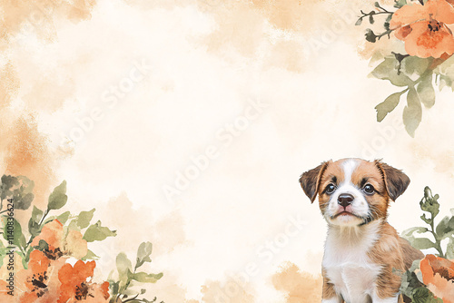 Adorable puppy illustrations on vintage-style lined notepaper with floral decorations and pastel tones, combining cute animals with nostalgic stationery designs photo