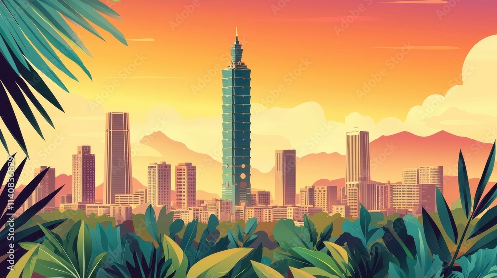 Obraz premium Retro classic print advertising featuring taipei cityscape at sunset digital artwork urban jungle environment vibrant viewpoint