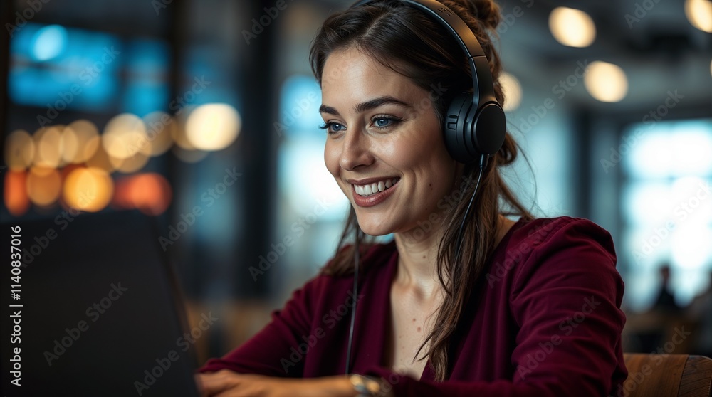 Obraz premium Smiling woman wear headphones talk video calling, communicating with clients, using laptop, watching webinar or video stream conference, remote work from home. Distance education