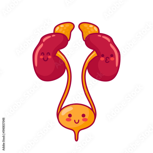 Human kidneys and bladder. Cute characters in kawaii style. Healthy organs, urinary system. Vector illustration, flat style. Health problems. For sticker, books, design. Medical brochure template.