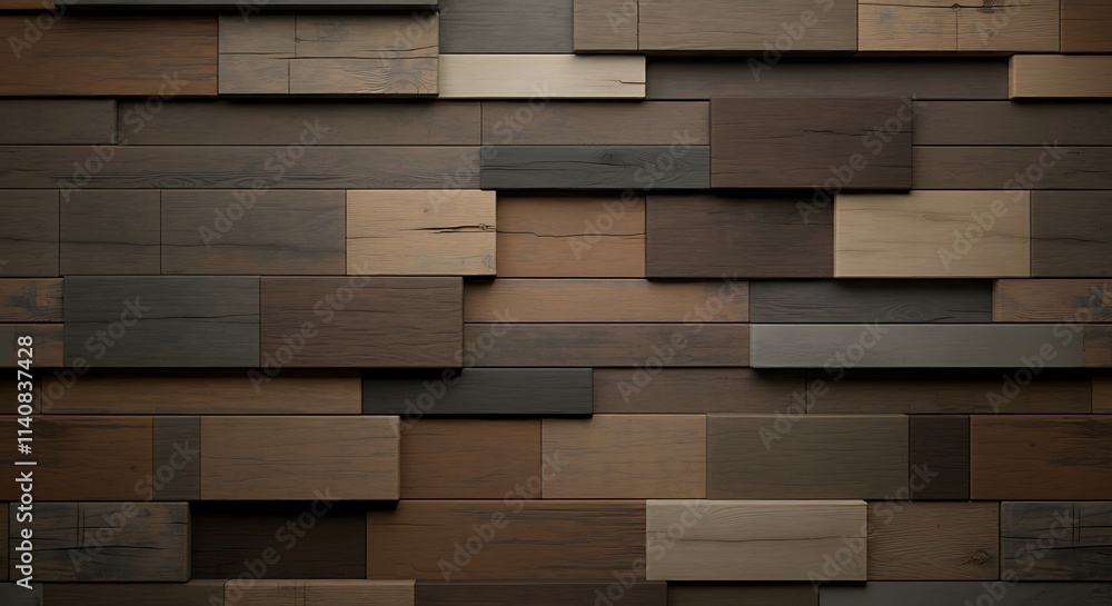 A rustic 3D wallpaper of stacked wooden planks with varying textures and shades. A rustic 3D wallpaper of stacked wooden planks with varying textures and shades.