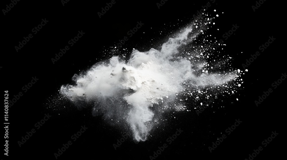 Fototapeta premium A white powder explosion on a black background, creating a colorful cloud of dust. 