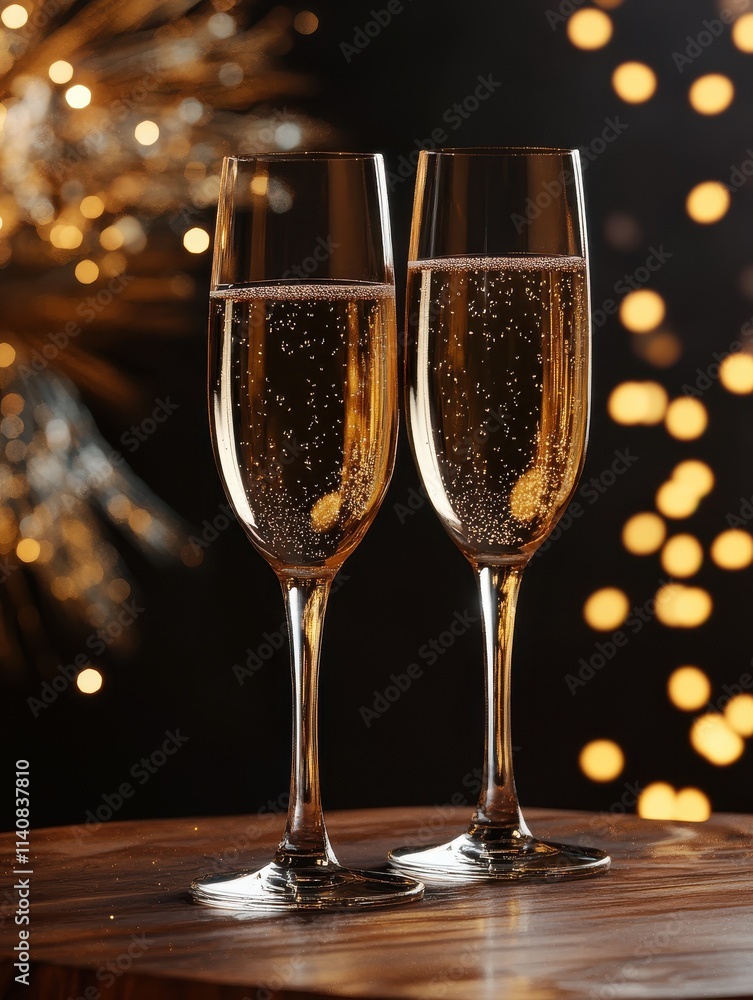 Two champagne flutes filled with bubbly sit on a wooden surface in front of a dark background with golden fireworks and glitter. Two champagne flutes filled with bubbly sit on a wooden surface in front of a dark background with golden fireworks and glitter.