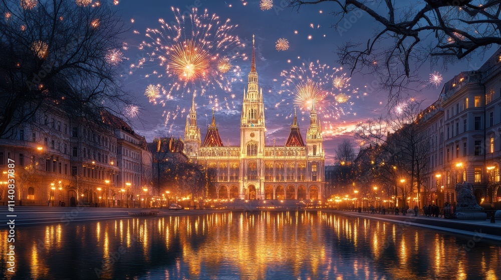 Fototapeta premium Vienna City Hall with fireworks in the background