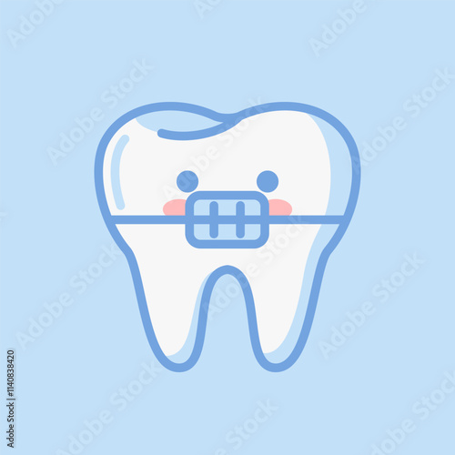 Adorable character, tooth with braces. kawaii style. This vector illustration has a flat design and is ideal for stickers, books or as a design element. Ideal for medical brochure templates.