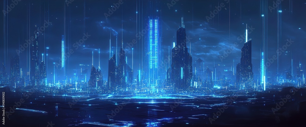 custom made wallpaper toronto digital illustration urban architecture, cityscape with space and neon light effect. Modern hi-tech, science, futuristic technology concept.