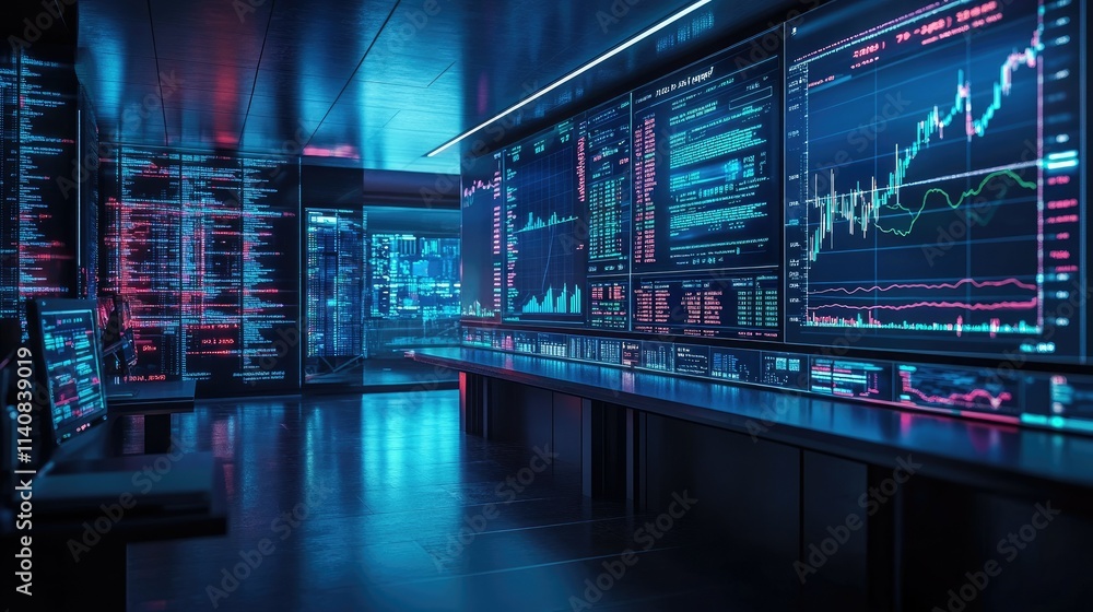 Fototapeta premium High-Tech Control Center with Data Visualization and Code Display: A Glimpse into the Future of Monitoring and Analysis