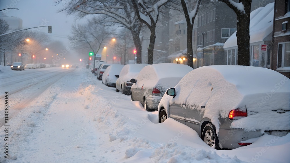 A row of parked cars completely buried under a thick layer of snow during a heavy snowfall in a city. Snow-covered road, trees, and buildings create a classic winter storm scene. A row of parked cars completely buried under a thick layer of snow during a heavy snowfall in a city. Snow-covered road, trees, and buildings create a classic winter storm scene.