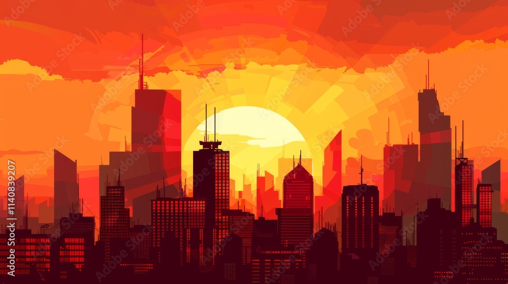 Skyscrapers Piercing a Vibrant Sunset Skyline Skyscrapers Piercing a Vibrant Sunset Skyline