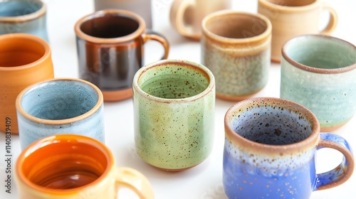 A clean, high-resolution image of handmade ceramic coffee mugs on a white background.--ar 16:9 photo