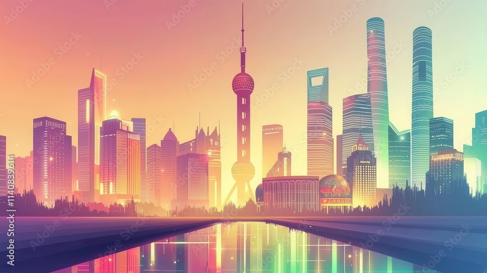 Fototapeta premium Retro classic print advertising featuring shanghai skyline urban landscape digital artwork vibrant colors aerial perspective