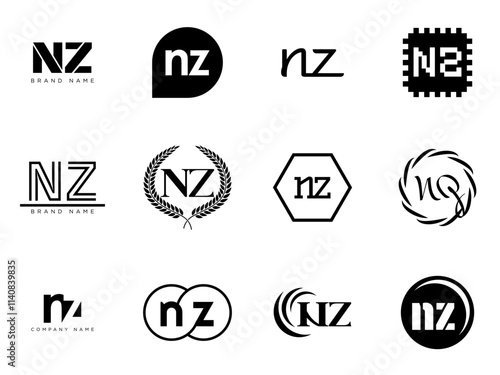 NZ logo company template. Letter n and z logotype. Set different classic serif lettering and modern bold text with design elements. Initial font typography.