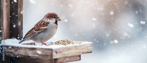 cute sparow sitting on simple wooden bird feeder & eating grains; bright cheerful white winter scenery; copy space