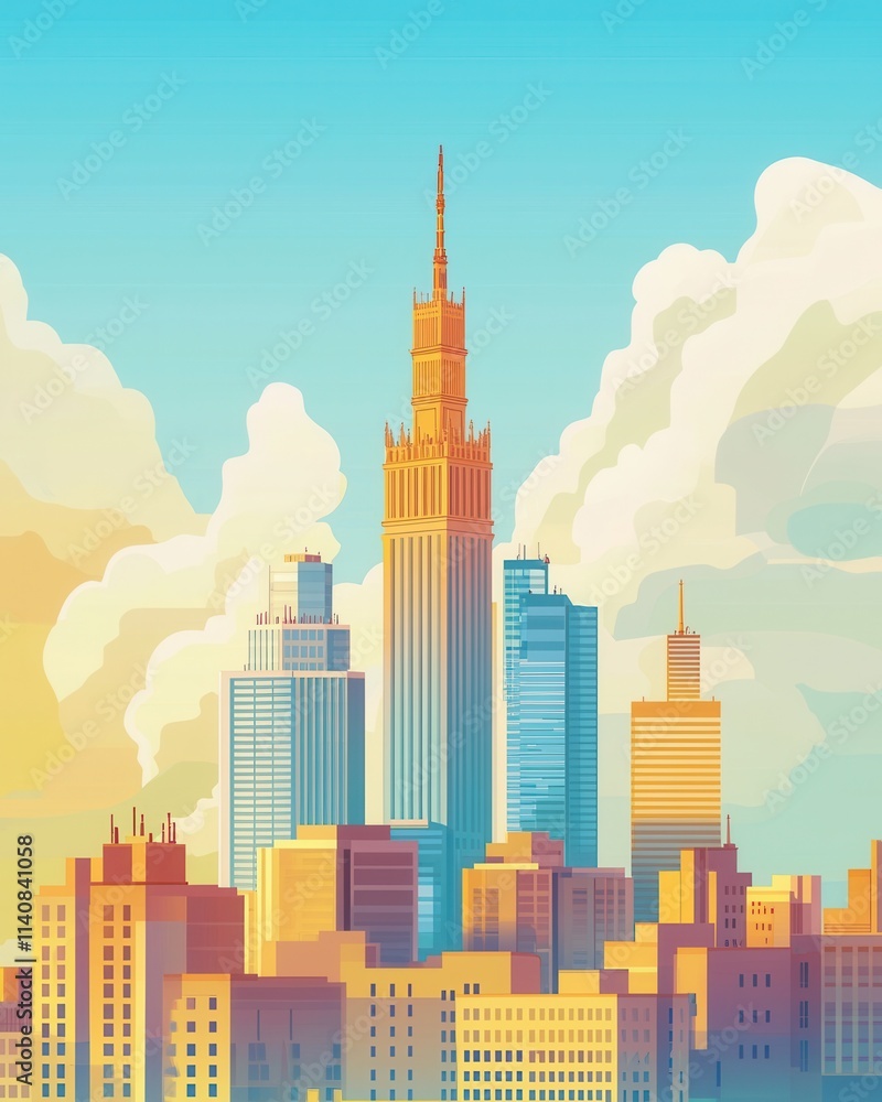 Obraz premium Retro classic print advertising of warsaw's skyline cityscape digital art vibrant colors aerial view urban concept