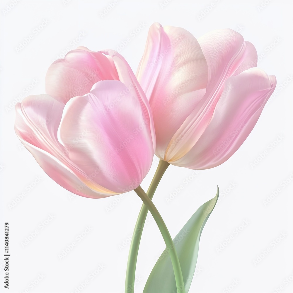 Naklejka premium Two pink tulips with green stems on white background